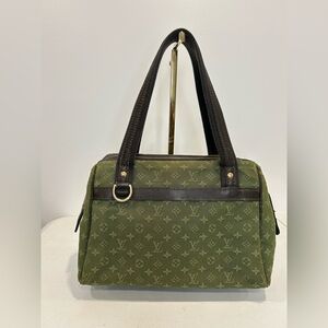Authentic LV Josephine Green Khaki Monogram Mini Lin Boston Canvas Satchel